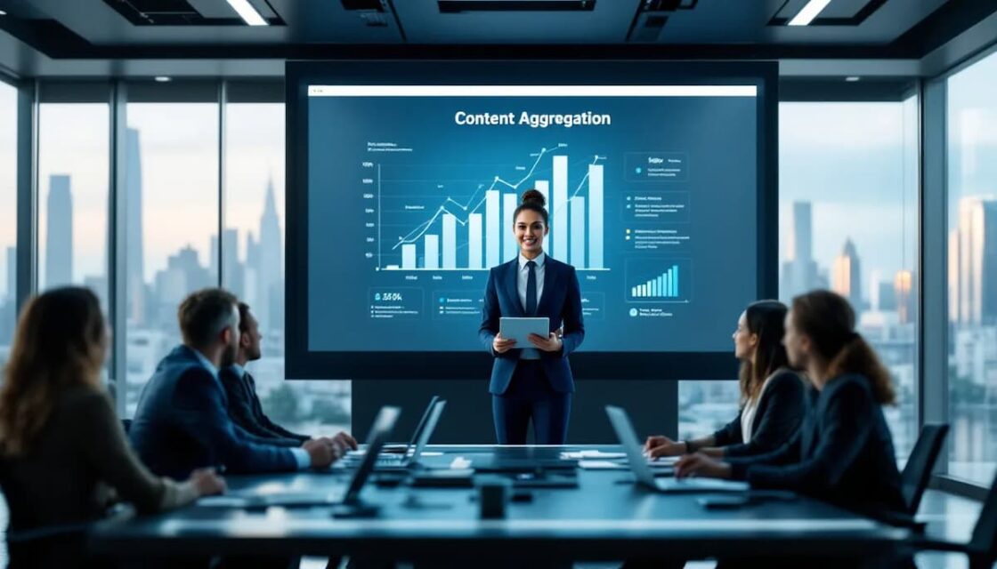 In the image, a digital display showcases a variety of social media posts and news articles, illustrating how content aggregators can curate user-generated content and industry news from multiple sources. This visual emphasizes the importance of content aggregation tools in transforming business strategies by providing valuable and relevant content to target audiences.