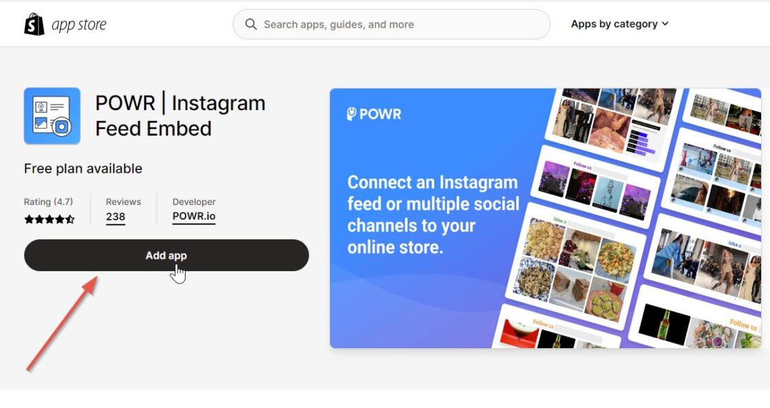 Add social media feed to Shopify using app store step 1