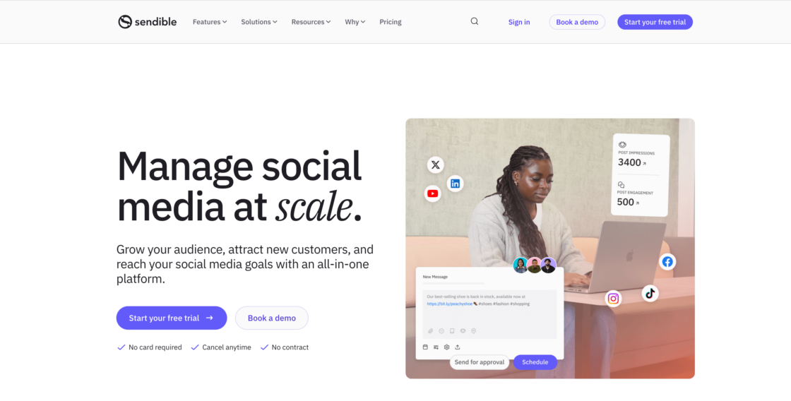 Screenshot of Sendible landing page
